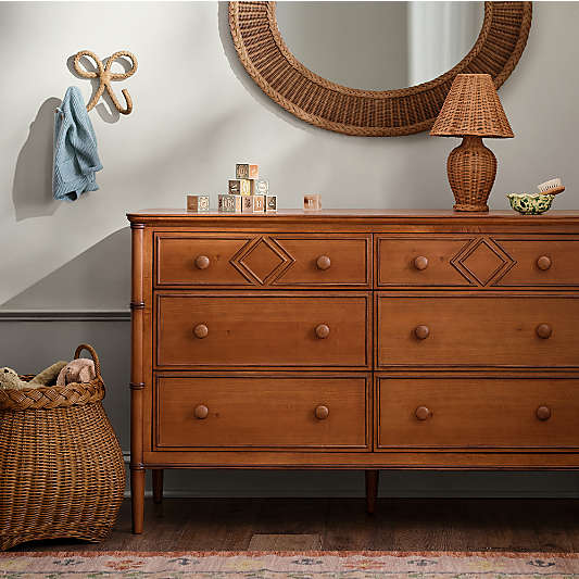 Crosby Antique Amber Wood Wide 6-Drawer Kids Dresser by Sharland England