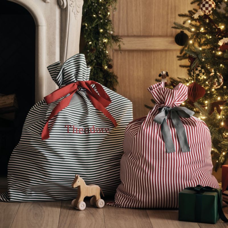 Santa Large Green Striped Cotton Kids Christmas Gift Bag - image 2 of 8