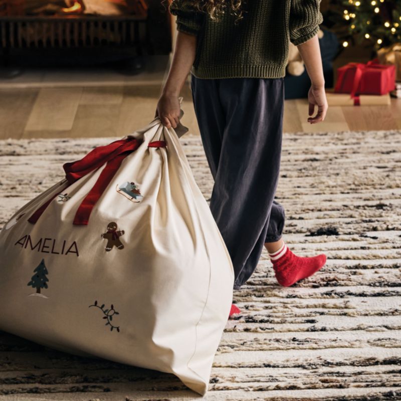 Santa Large Embroidered Natural Cotton Kids Christmas Gift Bag - image 1 of 7