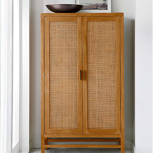 Blake 37" Light Brown Teak and Rattan 2-Door Storage Cabinet
