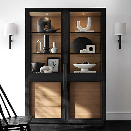 Calypso 54" Two-Toned Black Elm Wood and Glass Lighted Storage Cabinet