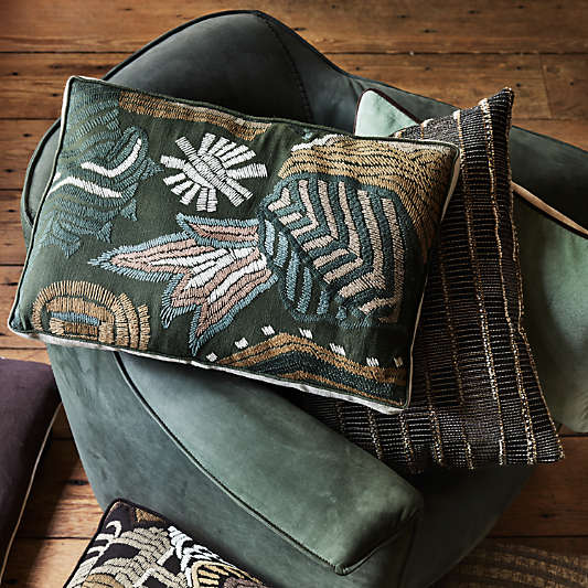 Abstract Embroidered 22"x15" Ficus Green Throw Pillow by Jeremiah Brent