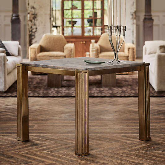 Rummer Burnished Brass and Travertine 36" Square Center Table by Jeremiah Brent