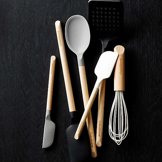 Crate & Barrel Wood and Black Silicone Utensils, Set of 10