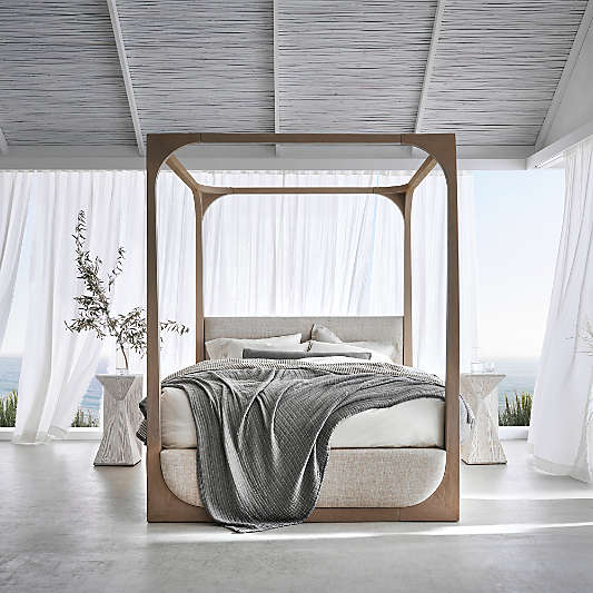Escondido Weathered Grey Acacia Wood Upholstered Canopy Bed