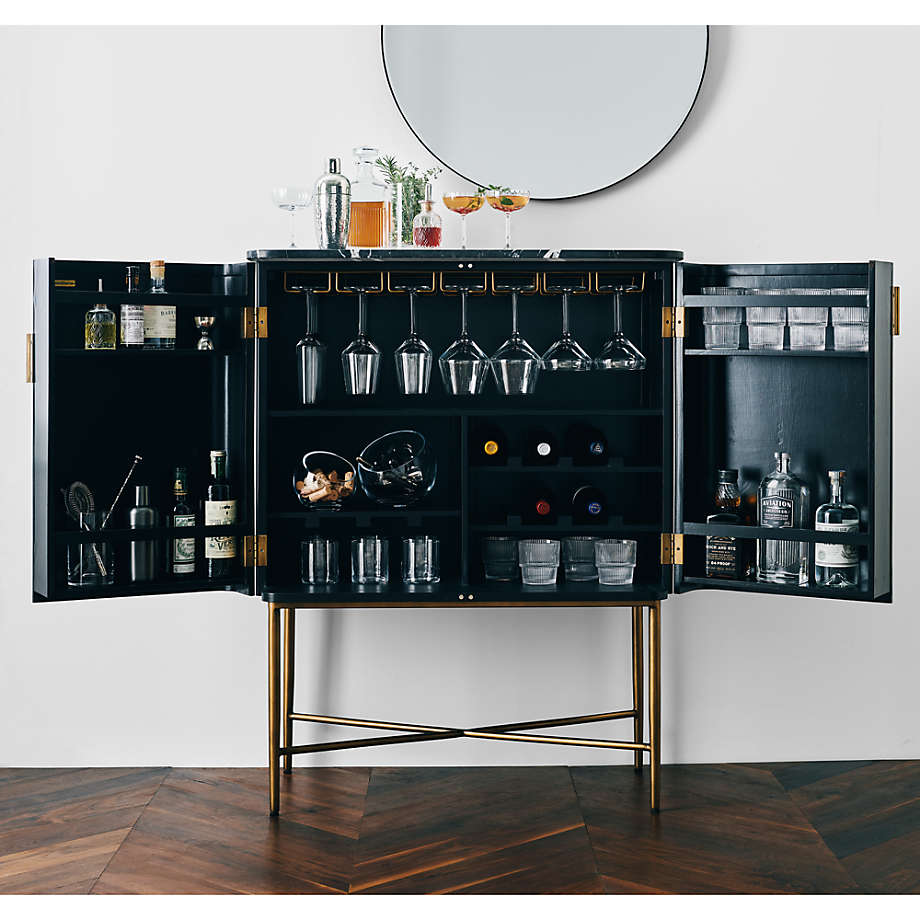 Fayette Black Nero Marquina Fluted Bar Cabinet Crate Barrel