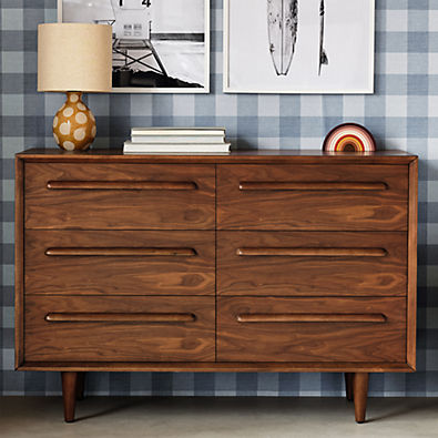 View Tatum 52" Walnut Mid-Century Kids Wood 6-Drawer Wide Dresser details