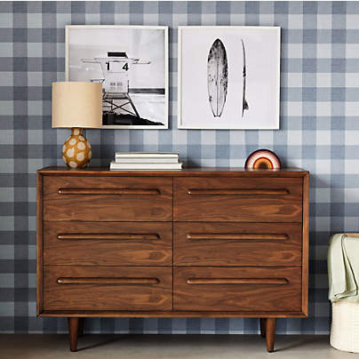Tatum 52" Walnut Mid-Century Kids Wood 6-Drawer Wide Dresser