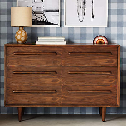Tatum 52" Walnut Mid-Century Kids Wood 6-Drawer Wide Dresser