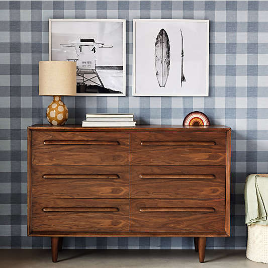 Tatum 52" Walnut Mid-Century Kids Wood 6-Drawer Wide Dresser