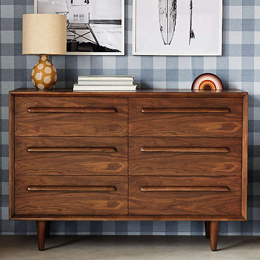 Tatum 52" Walnut Mid-Century Kids Wood 6-Drawer Wide Dresser