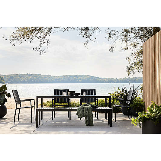 Alfresco 78" Black Metal Outdoor Dining Table Set with Bench and Silver Sunbrella ® Cushions