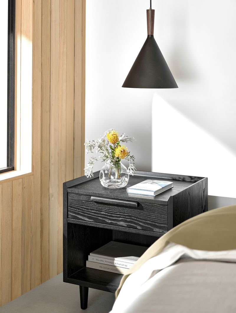 Tate Black 2-Drawer Mid-Century Nightstand with Power Outlets