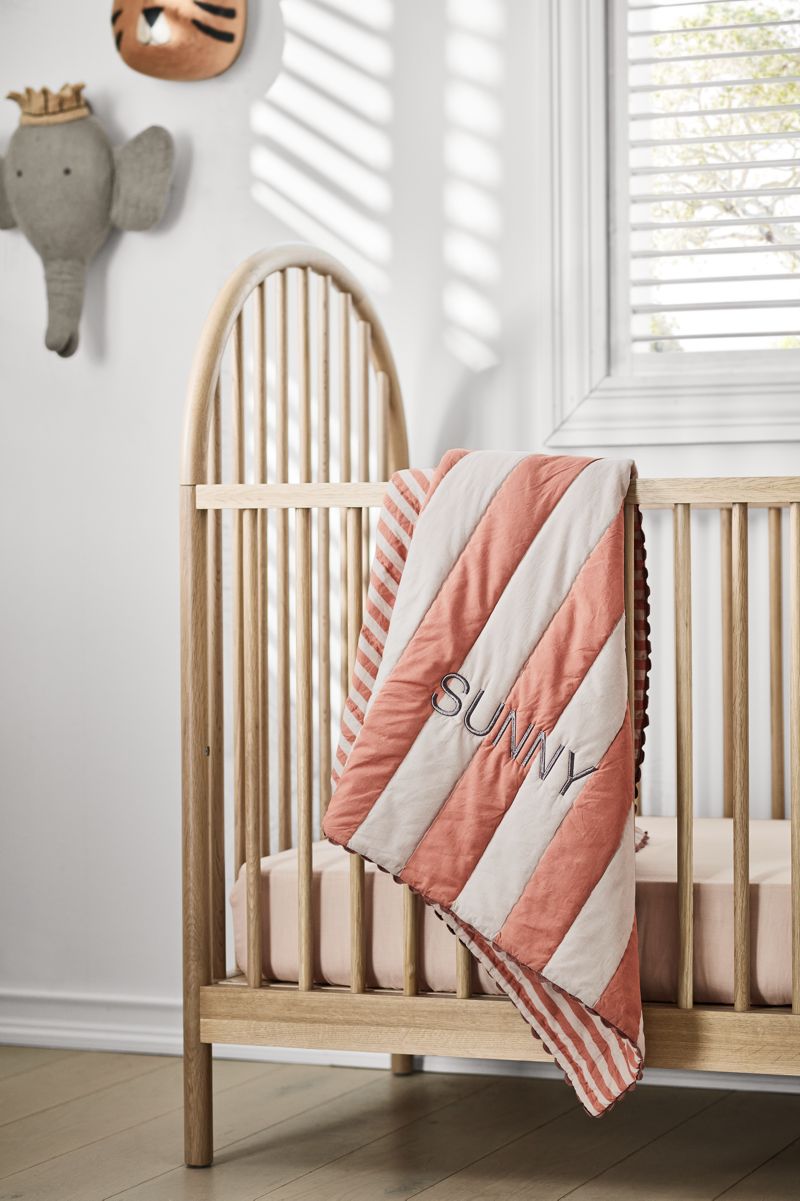 Riviera Terracotta Pink Stripe Organic Cotton Reversible Baby Crib Quilt