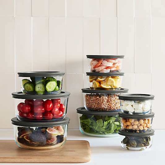 Pyrex Simply Store 20-Piece Round Glass Food Storage Set with Grey Lids