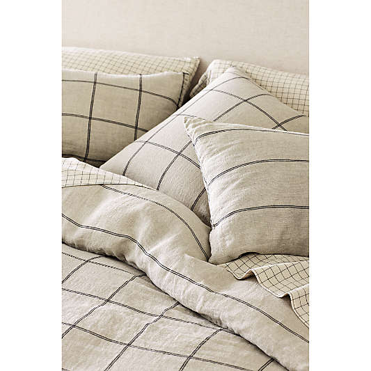 Natural Hemp Arcadia Tan and Midnight Navy Reversible Grid Bed Pillow Shams
