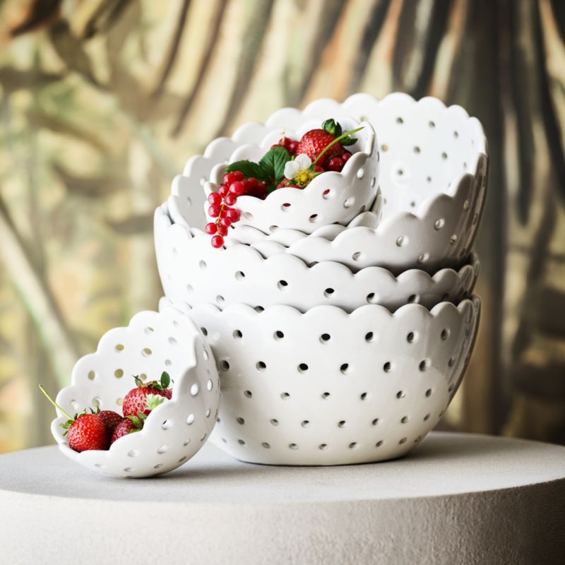 White Scallop Eyelet Stoneware Colander by Laura Kim