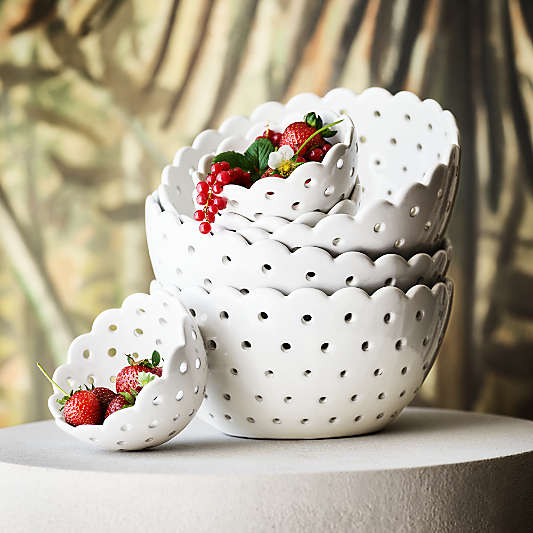 White Scallop Eyelet Stoneware Colanders by Laura Kim