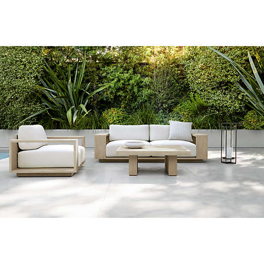 Mallorca Wood Double-Chaise Outdoor Sectional Sofa with Ivory Cushions