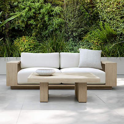 Mallorca 85" Wood Outdoor Sofa with Ivory Cushions