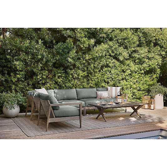 Andorra Weathered Grey Wood 5-Piece L-Shaped Outdoor Sectional Sofa with Sage Green Sunbrella ® Cushions