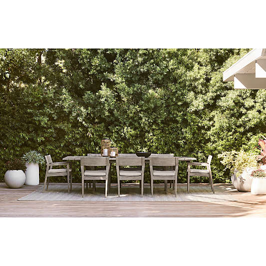 Andorra Weathered Grey Wood Outdoor Extendable Dining Table Set with Dining Arm Chairs