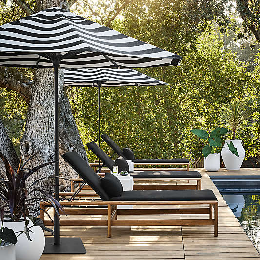 10' Round Sunbrella® Black and White Cabana Stripe Outdoor Patio Umbrella with Faux Wood Metal Frame