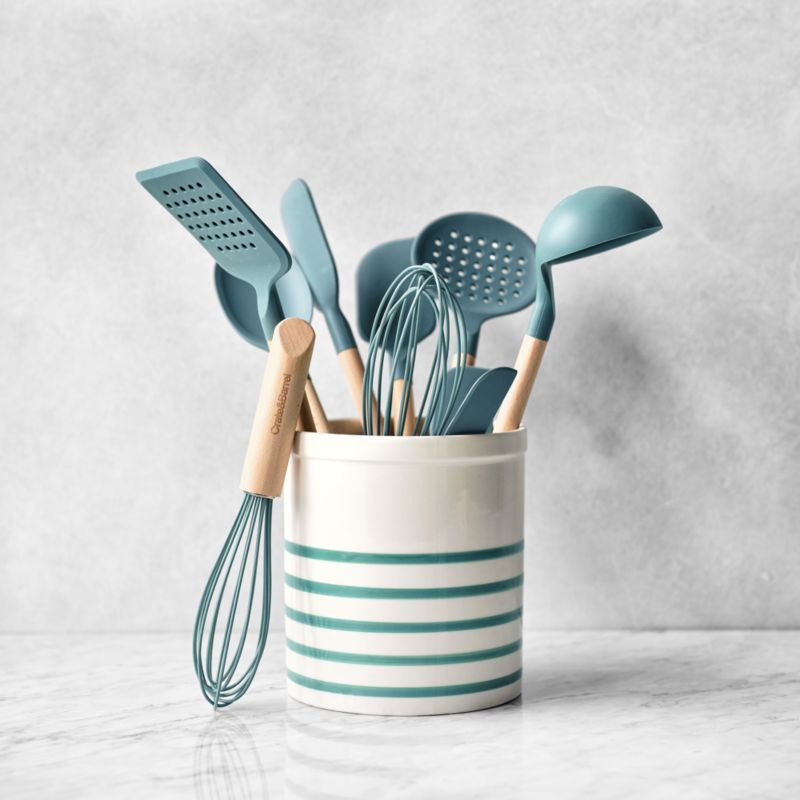 Crate & Barrel Deep Sage Green Silicone and Wood Slotted Spoon - image 2 of 4