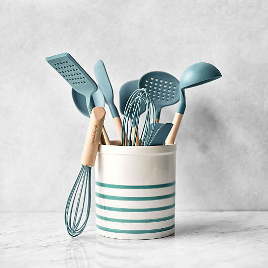 Crate & Barrel Sage Green Silicone & Wood Utensils