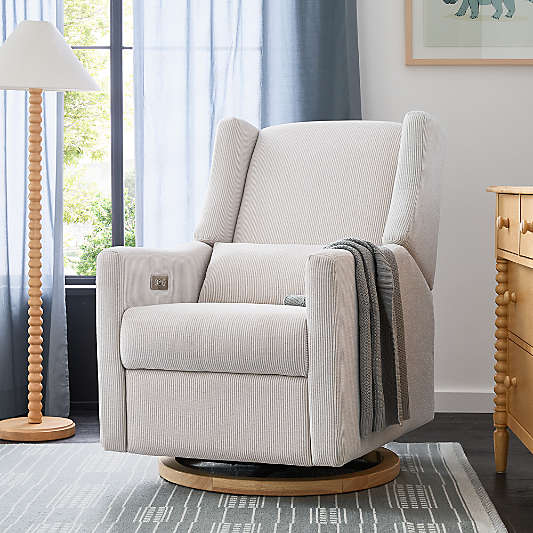 Babyletto Kiwi Nursery Glider Recliner Chair w/ Electronic Control and USB Performance Fog Grey and Natural Stripe with Natural Wood Base