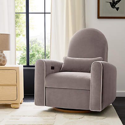 Miles Fawn Beige Velvet Nursery Power Recliner Chair with Wooden Base