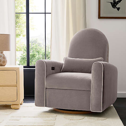 Miles Fawn Beige Velvet Nursery Power Recliner Chair with Wooden Base