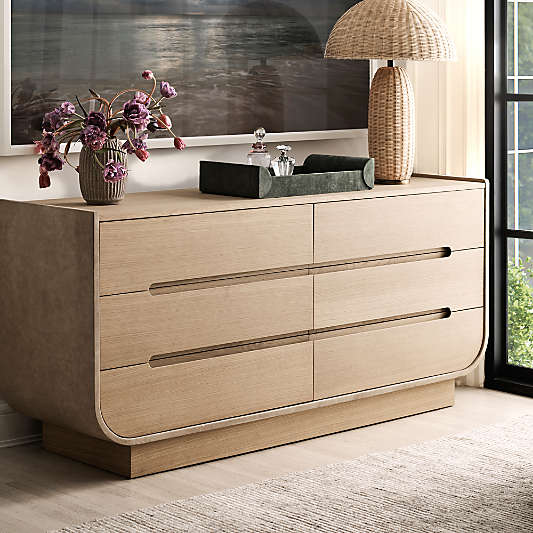 Venice 65" Leather and Oak Wood 6-Drawer Dresser by Brigette Romanek