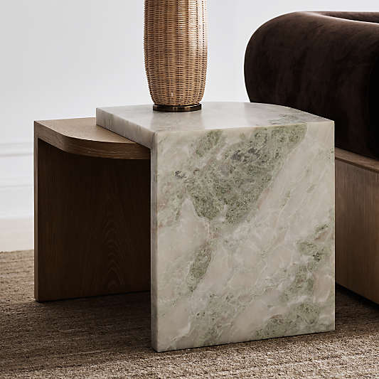 Laurel Canyon Natural Oak Wood and Marble 24" Layered End Table by Brigette Romanek