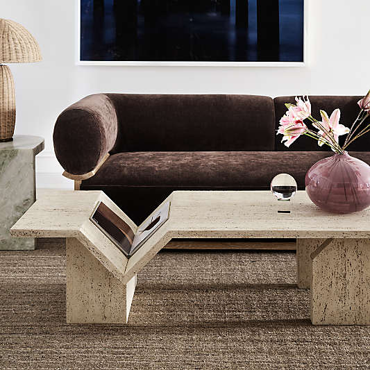 Hollywood Hills Faux Travertine Resin 60" Rectangular Coffee Table with Shelf by Brigette Romanek