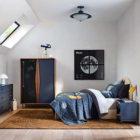 Oren Blue and Natural Walnut Wood Storage Armoire with Chalkboard