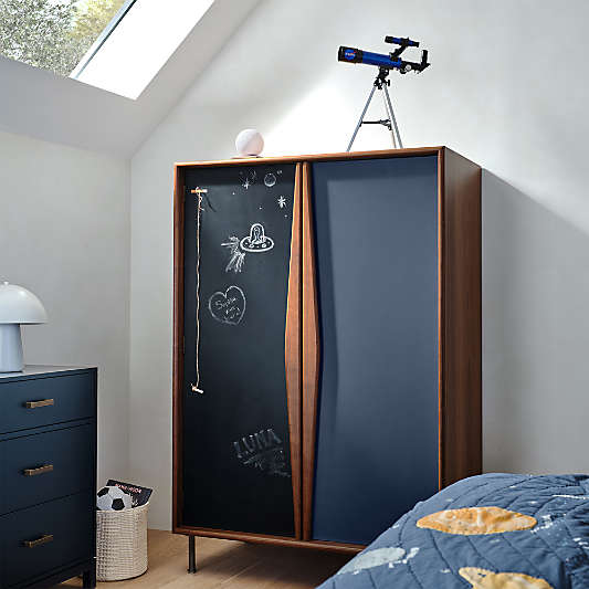 Oren Blue and Natural Walnut Wood Storage Armoire with Chalkboard