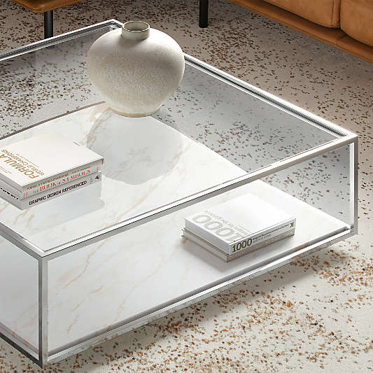 Modernist Metal and Glass 44" Square Display Coffee Table with Marble Shelf