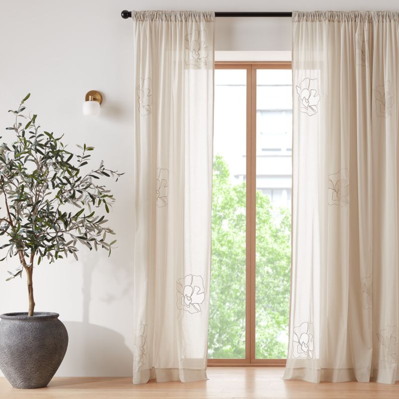 Floral Eyelet Natural Taupe Organic Cotton Sheer Window Curtain Panel 52"x84" - image 1 of 6