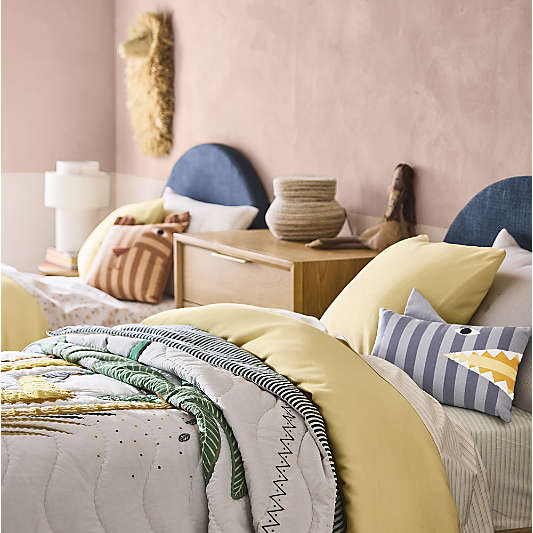 Emma Denim Blue Upholstered Arched Kids Bed with Natural Wood Storage Base
