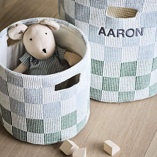 Hopscotch Mist Blue and Pine Green Checkerboard Shelf Storage Bin