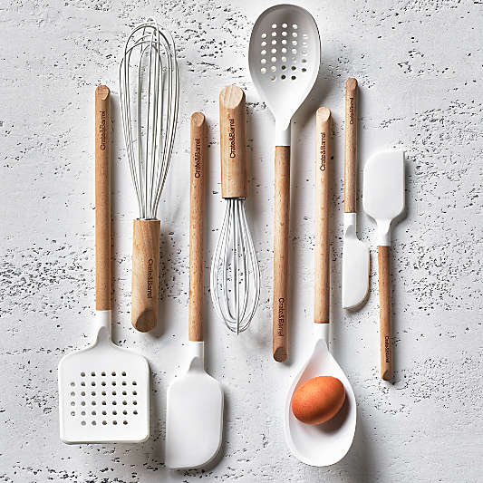Crate & Barrel Wood and White Silicone Utensils, Set of 10