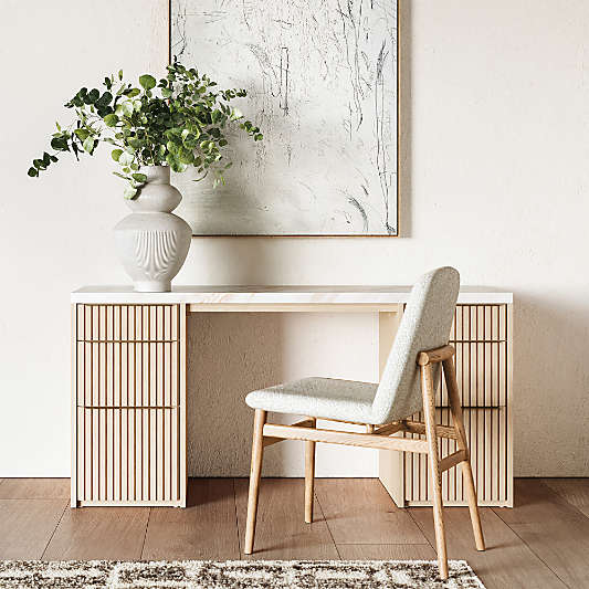 Batten 62" White Oak Wood Console Desk with White Marble Top