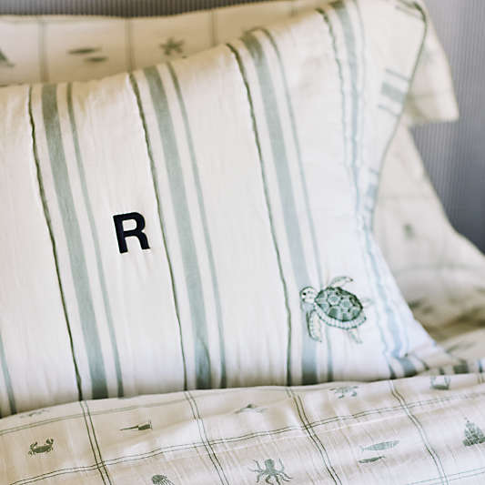 Edward Blue Sea Turtle Ticking Stripe Organic Cotton Kids Sham by Jake Arnold