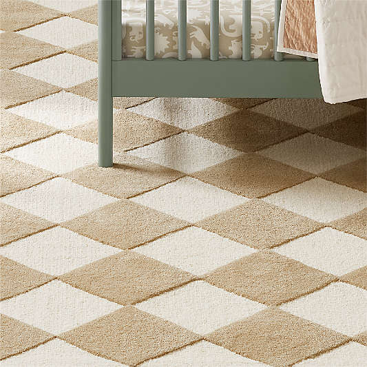Checkerboard Tan Wool Kids Area Rug 6'x9'