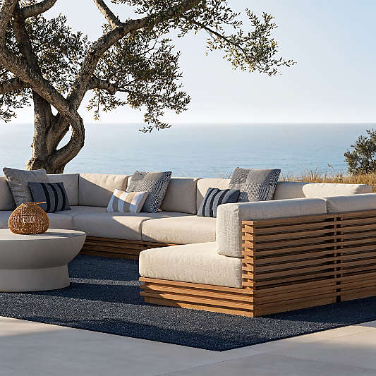 Batten Natural Teak 7-Piece L-Shaped Outdoor Sectional Sofa with Oat Cushions