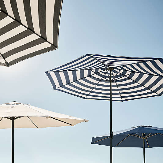 10' Round Sunbrella® Navy and White Cabana Stripe Outdoor Patio Umbrella with Faux Wood Metal Frame