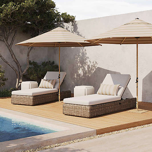 10' Round Sunbrella® Dune Tan Stripe Outdoor Patio Umbrella with Faux Wood Metal Frame