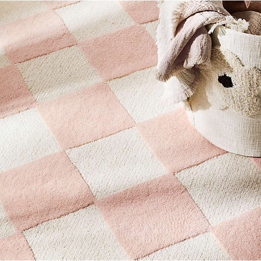 Checkerboard Pink Wool Kids Area Rug 6'x9'
