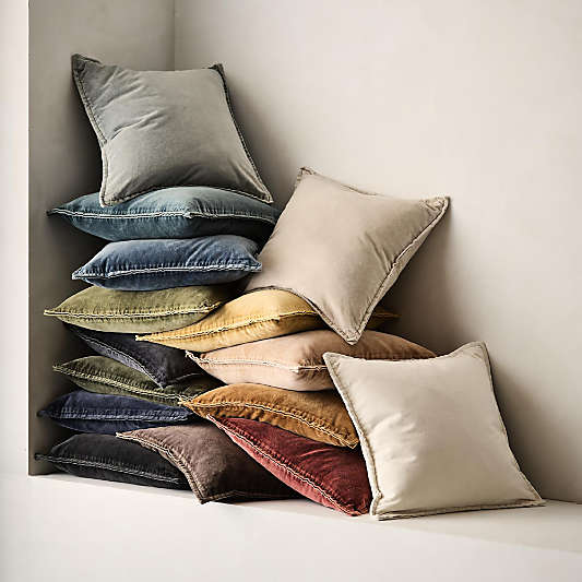 Relaxed Washed Organic Cotton Velvet 20"x20" Burnt Green Throw Pillow with Feather Insert